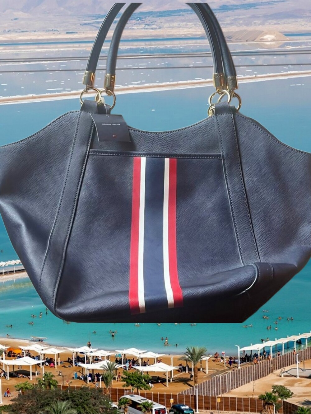 Tommy Hilfiger NWT Nautical Navy Leather Tote Bag with Red and White Stripes